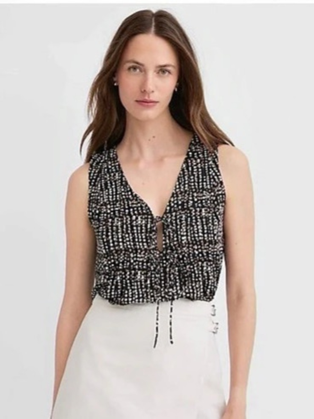 LOFT Dotted Pleated Tie V-Neck Shell Polka Dot V-Neck Size Small BNWT